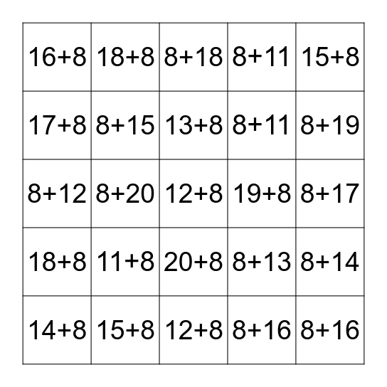 Plus Eight Fluency 11-20 Bingo Card