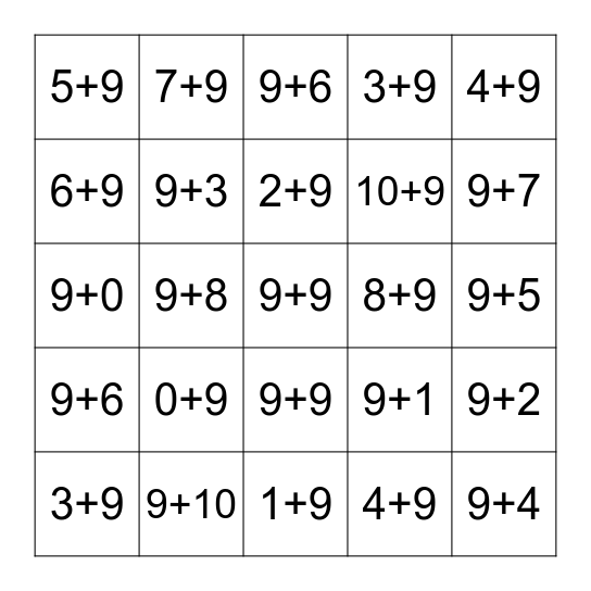 Plus Nine Fluency 0-10 Bingo Card