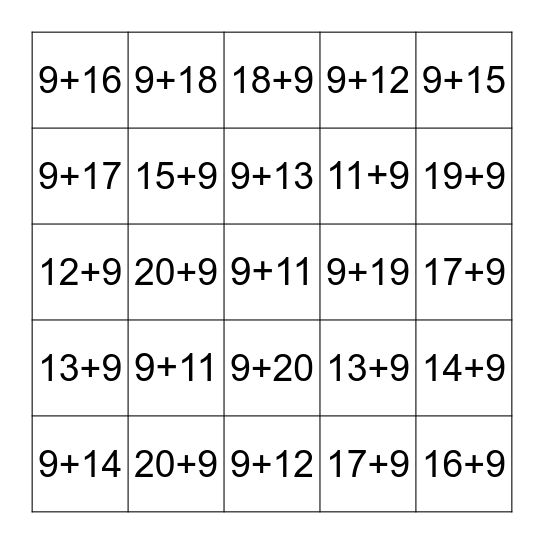 Plus Nine Fluency 11-20 Bingo Card