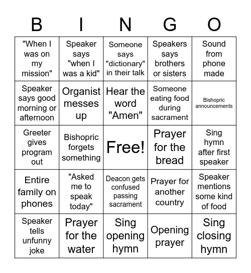 Sacrament Meeting Bingo Card