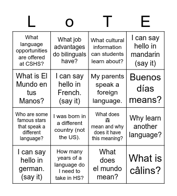 Foreign Language Bingo Card