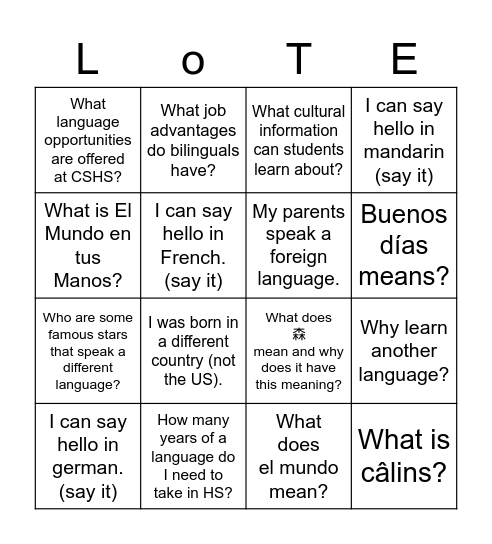 Foreign Language Bingo Card