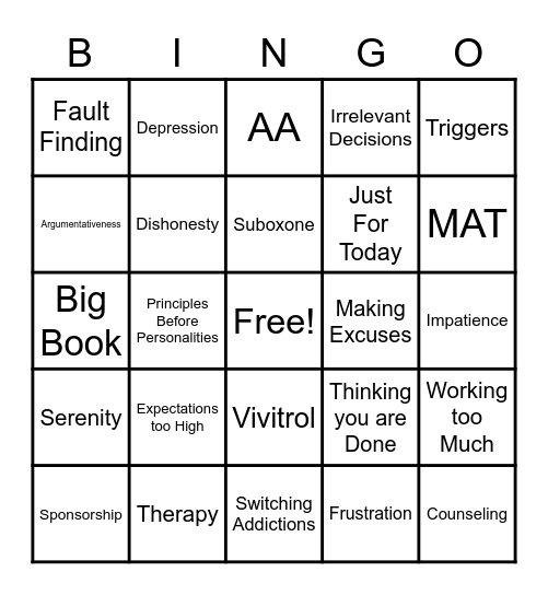 Recovery BINGO Card