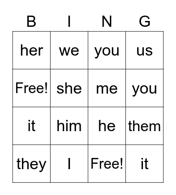 Subject/Object Pronouns Bingo Card