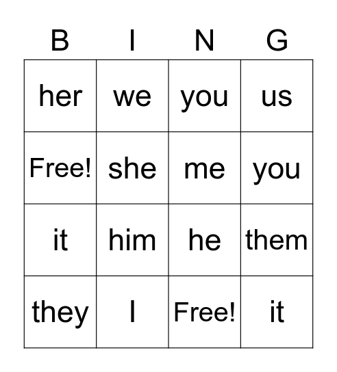 Subject/Object Pronouns Bingo Card