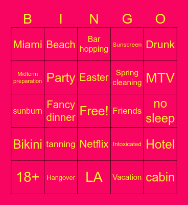 SPRING BREAK Bingo Card