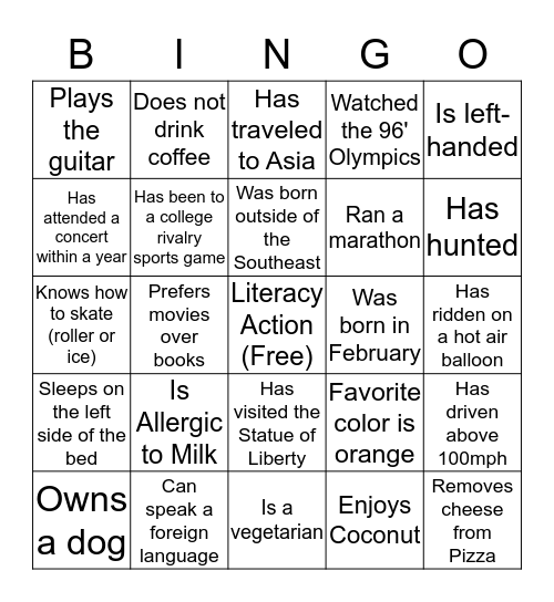 Literacy Action  Bingo Card