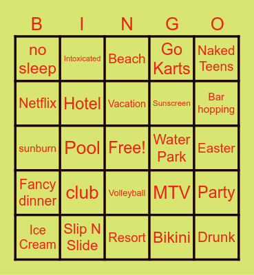 SPRING BREAK Bingo Card