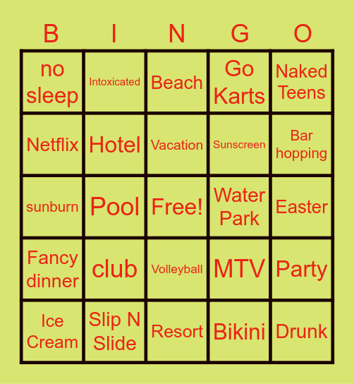 SPRING BREAK Bingo Card