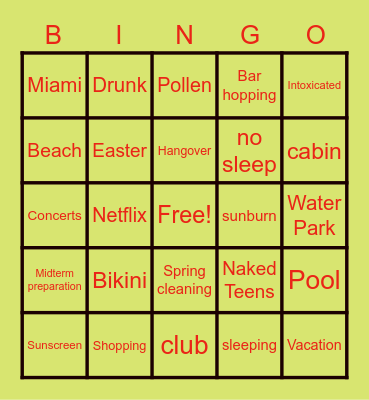 SPRING BREAK Bingo Card