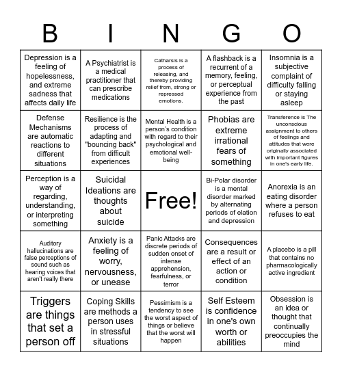 Mental Health Bingo Card