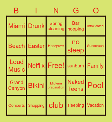 SPRING BREAK Bingo Card