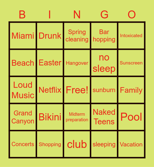 SPRING BREAK Bingo Card