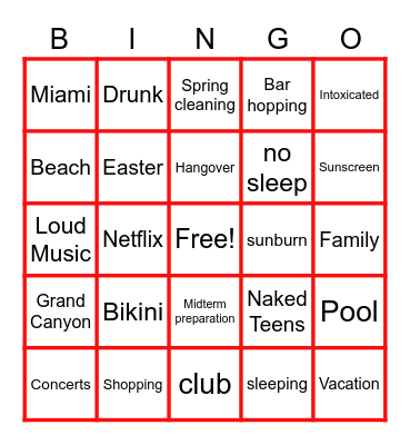 SPRING BREAK Bingo Card