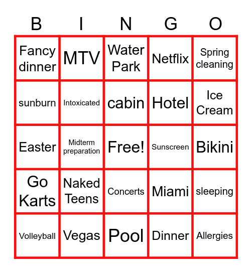 SPRING BREAK Bingo Card