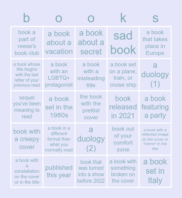 reading challange Bingo Card