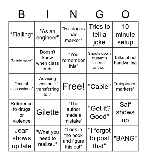 Jean Bingo Card