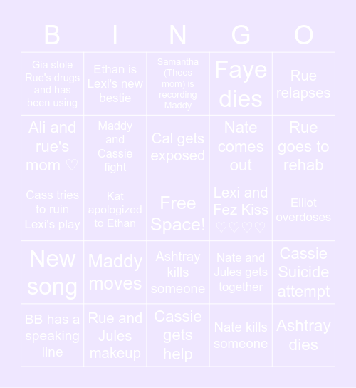 Euphoria S2 Ep8 Bingo Card