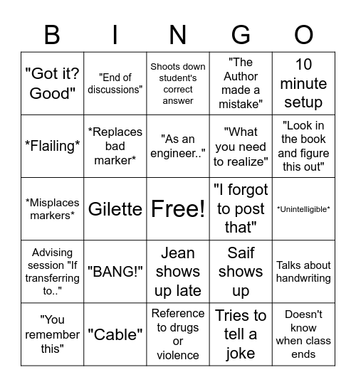 Jean Bingo Card