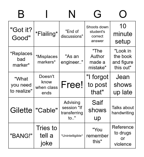 Jean Bingo Card