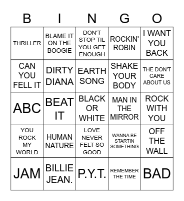 King Of Pop Bingo Card