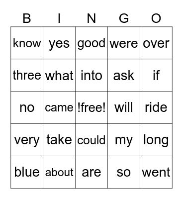 Sight Words Bingo Card