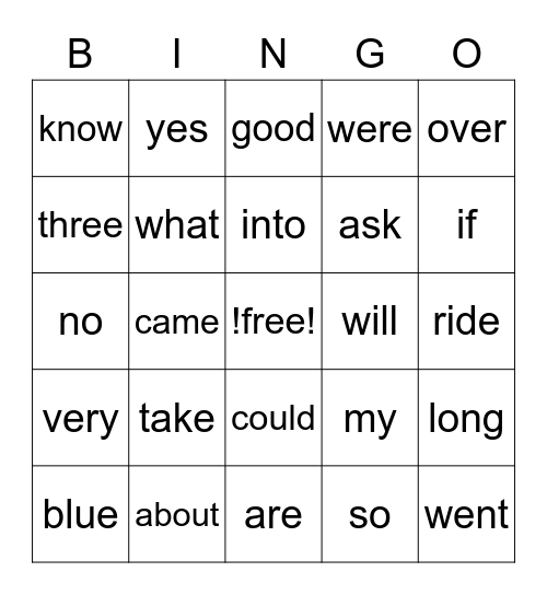 Sight Words Bingo Card