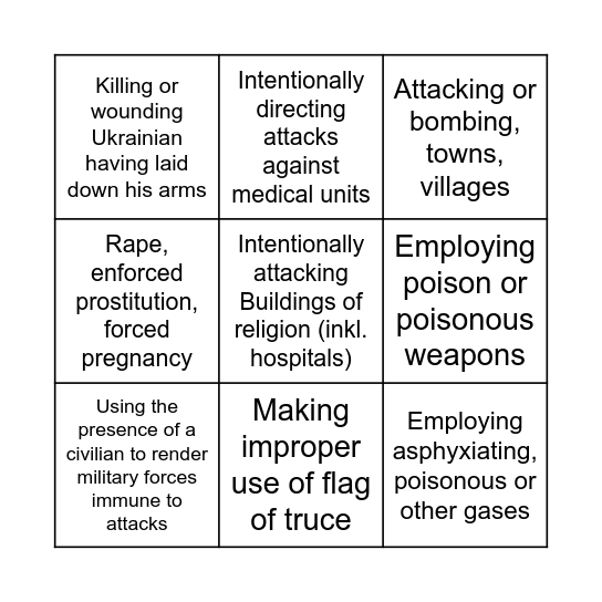 War crime Bingo Card