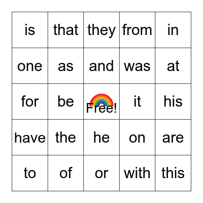 Sight Words Bingo Card
