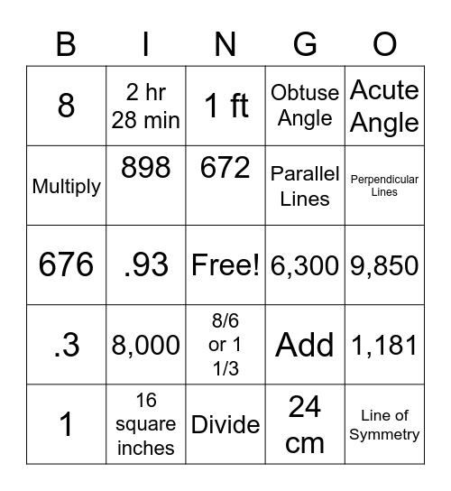 Math Review Bingo Card