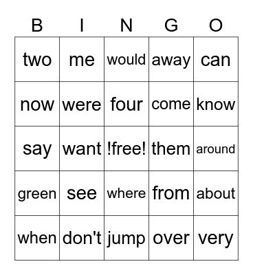 Sight Words Bingo Card