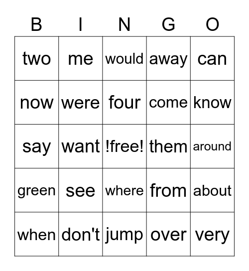 Sight Words Bingo Card