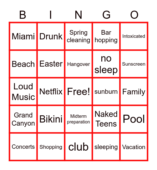 SPRING BREAK Bingo Card