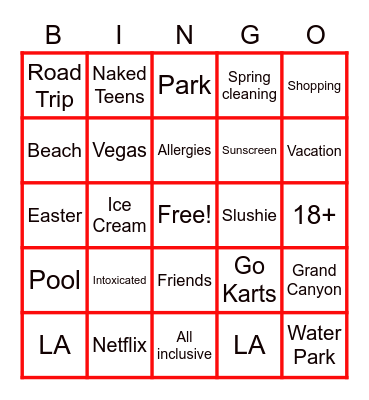 SPRING BREAK Bingo Card