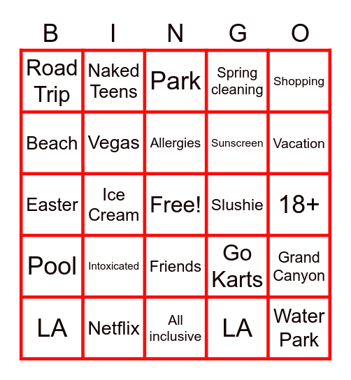 SPRING BREAK Bingo Card