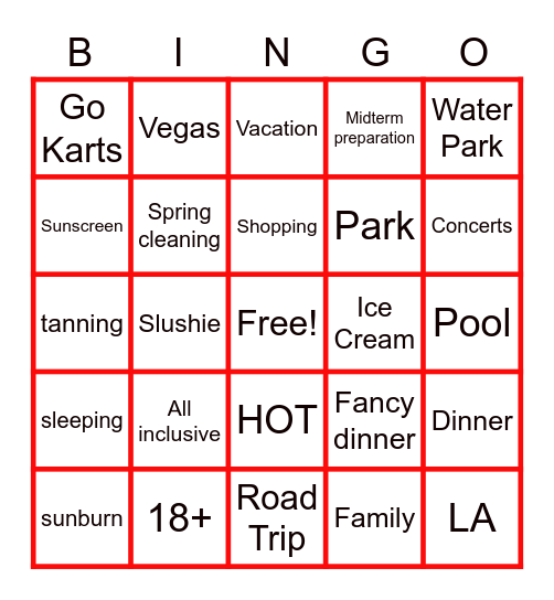 SPRING BREAK Bingo Card