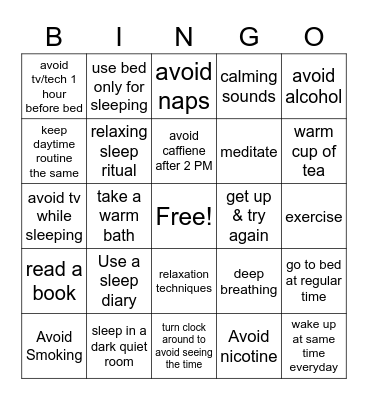 Sleep Bingo Card