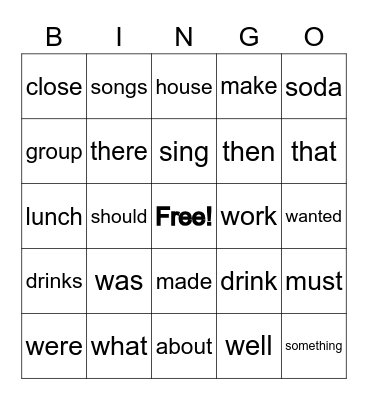 Sight Word Bingo Card