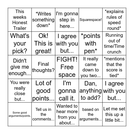 MOVIE FIGHT'S Andy Signore Catchphrase Bingo Card