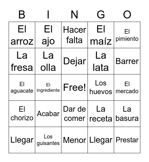 Bingo la comida Bingo Card