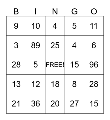 NUMBER BINGO Card