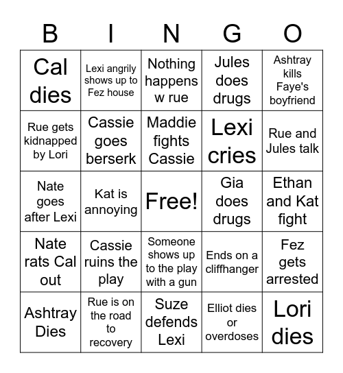 Euphoria Finale Bingo Card