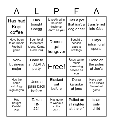 ALPFA Bingo Activity Bingo Card
