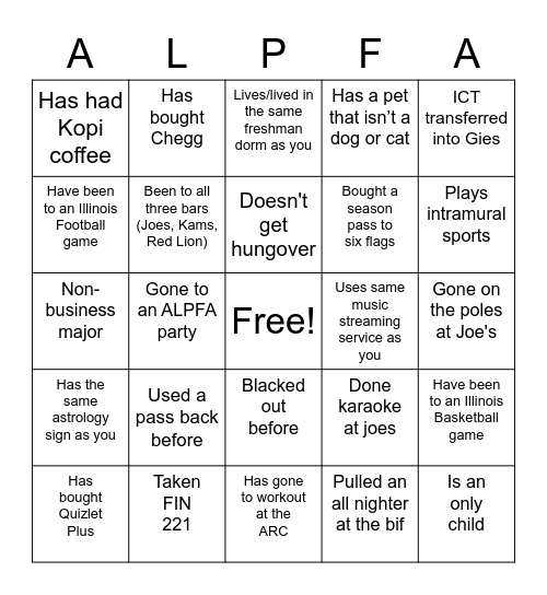 ALPFA Bingo Activity Bingo Card