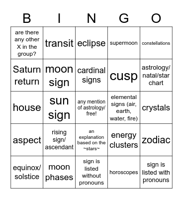 Astrology Girl Bingo Card
