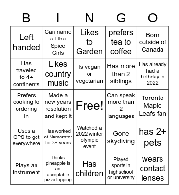 Canada Numerator Employee Bingo Card