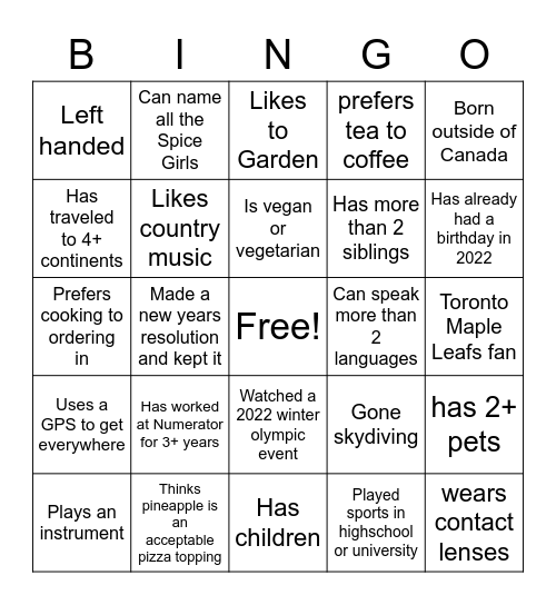 Canada Numerator Employee Bingo Card