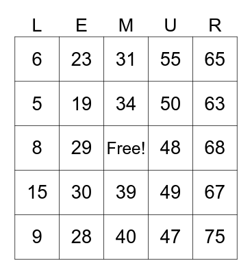 LemurLympics 2022 Winter Games Bingo Card