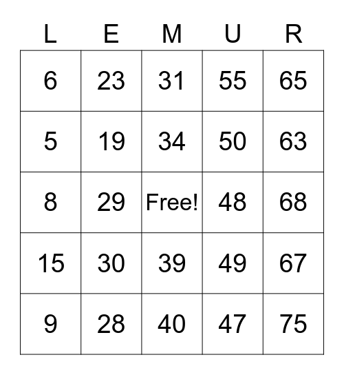 LemurLympics 2022 Winter Games Bingo Card