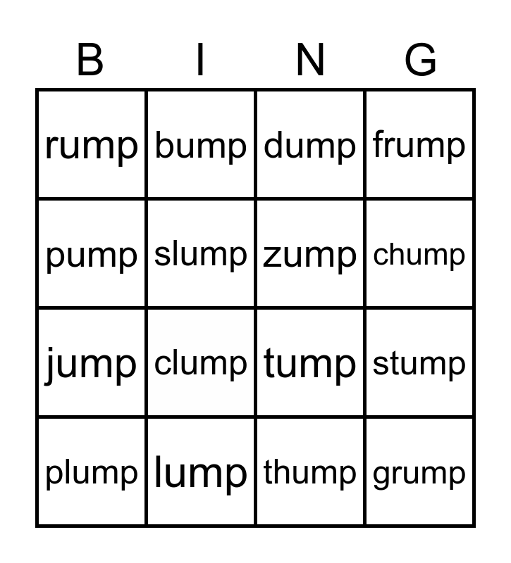 Rhyming Words ump Bingo Card